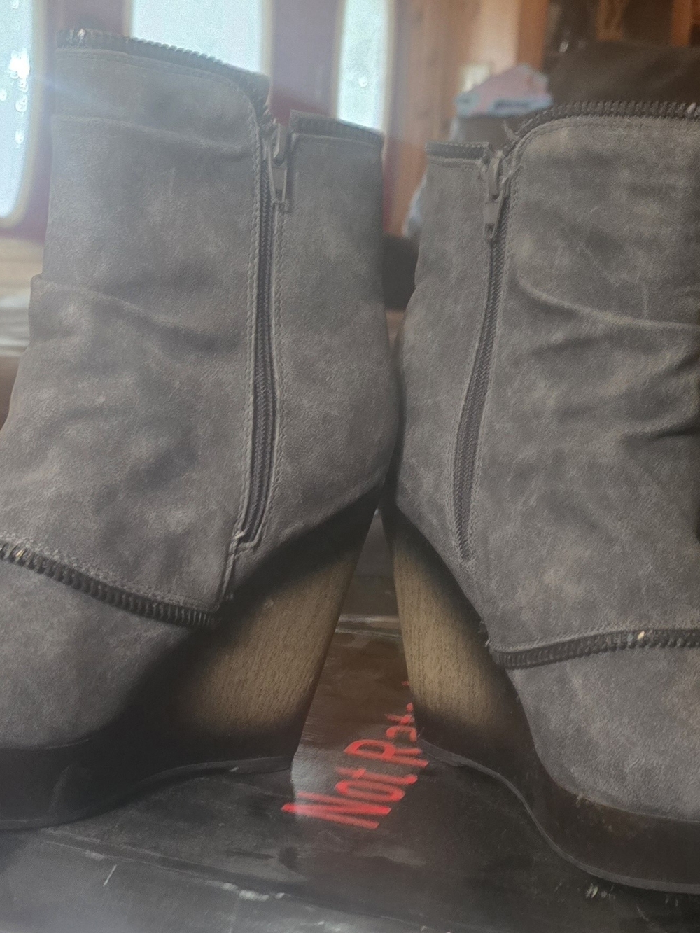 Not Rated Gray Suede Buckle Wedge Ankle Boots - Picture 4 of 12